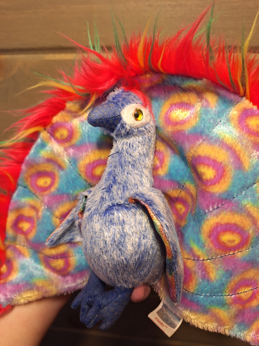 Blue Plush Peacock Stuffed Toy with Rainbow Feathers
